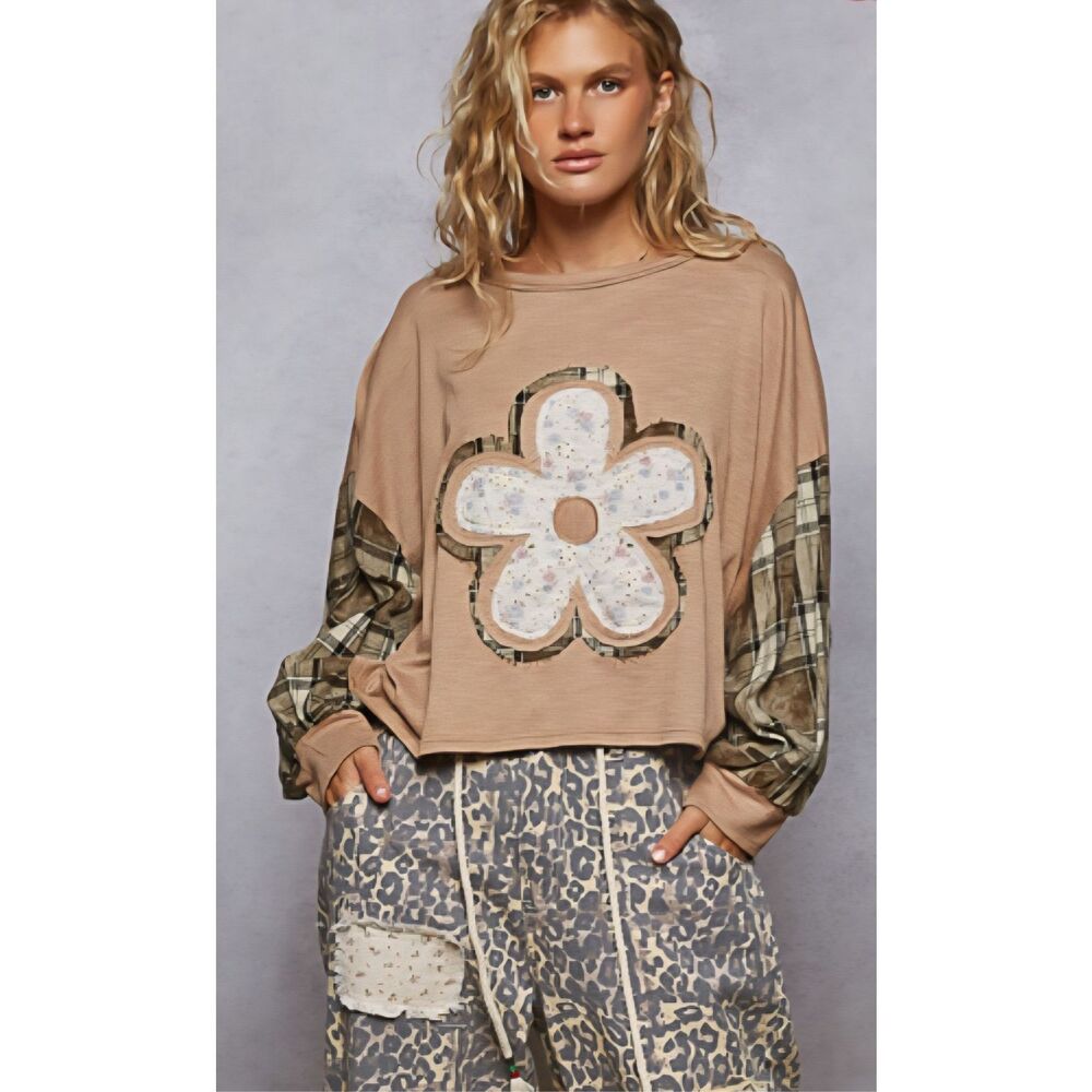 POL Balloon Sleeve Floral Patch Mocha Top Size M